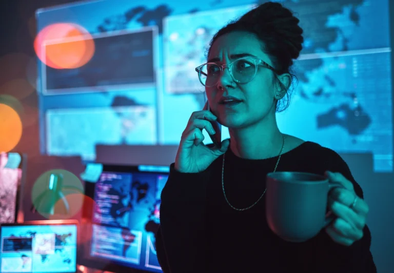 night-coffee-and-a-woman-hacker-on-a-phone-call-d