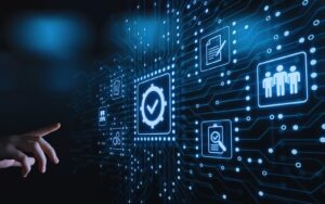 Image showcasing IT compliance with a hand interacting with a digital interface featuring a checkmark icon and various tech symbols on a circuit board background.