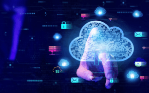 Futuristic image of a hand interacting with a holographic cloud interface, surrounded by icons representing data security, storage, and connectivity in a digital environment.