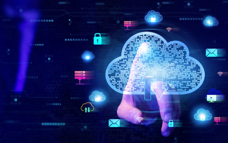 Futuristic image of a hand interacting with a holographic cloud interface, surrounded by icons representing data security, storage, and connectivity in a digital environment.