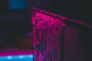 Computer motherboard in purple light