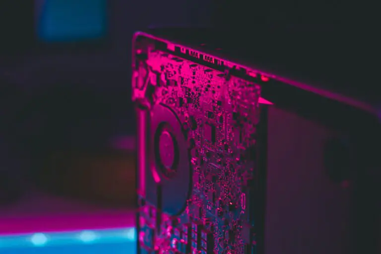 Computer motherboard in purple light
