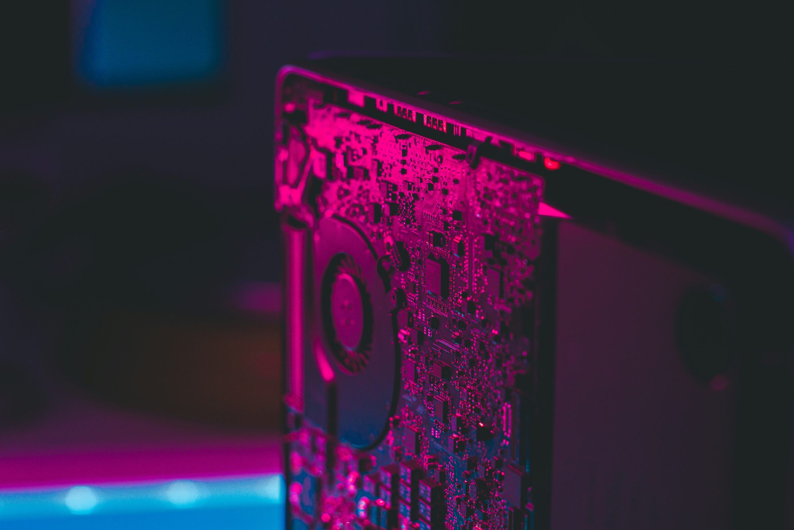 Computer motherboard in purple light